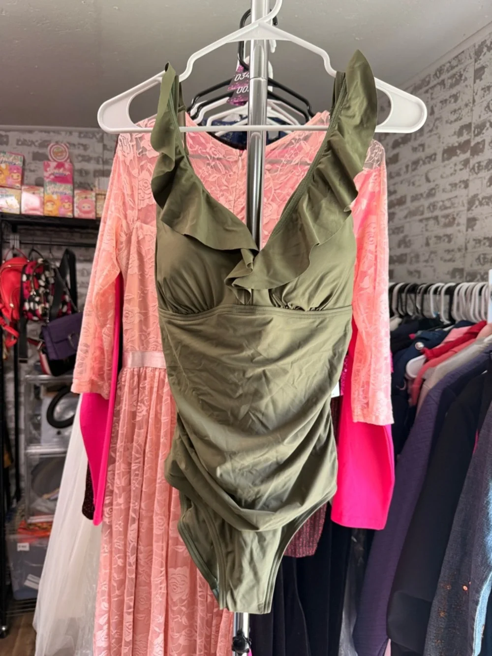 DKNY Olive Ruffle V-Neck One-Piece - Picture 3 of 6